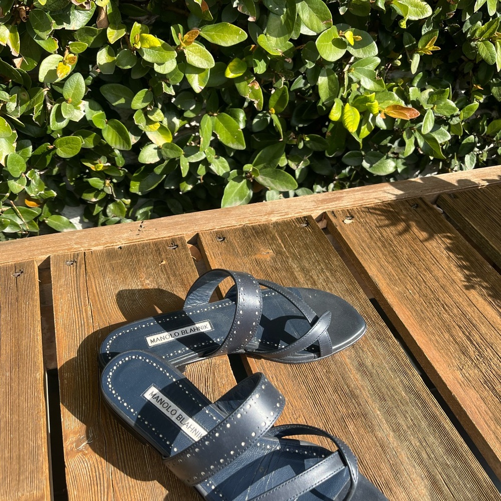 Manolo Blahnik Blue Leather Sandals with Adjustable Straps